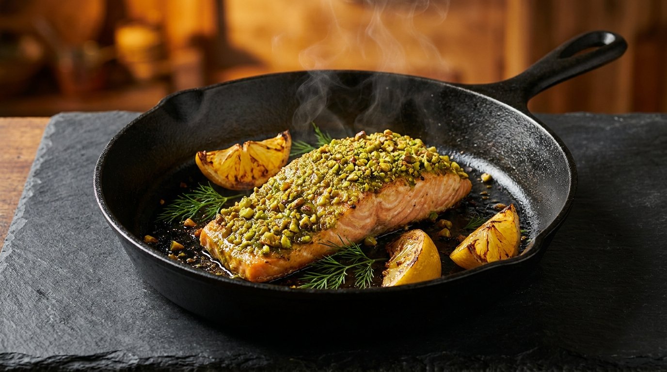 One-pan pistachio-crusted salmon in a cast-iron skillet