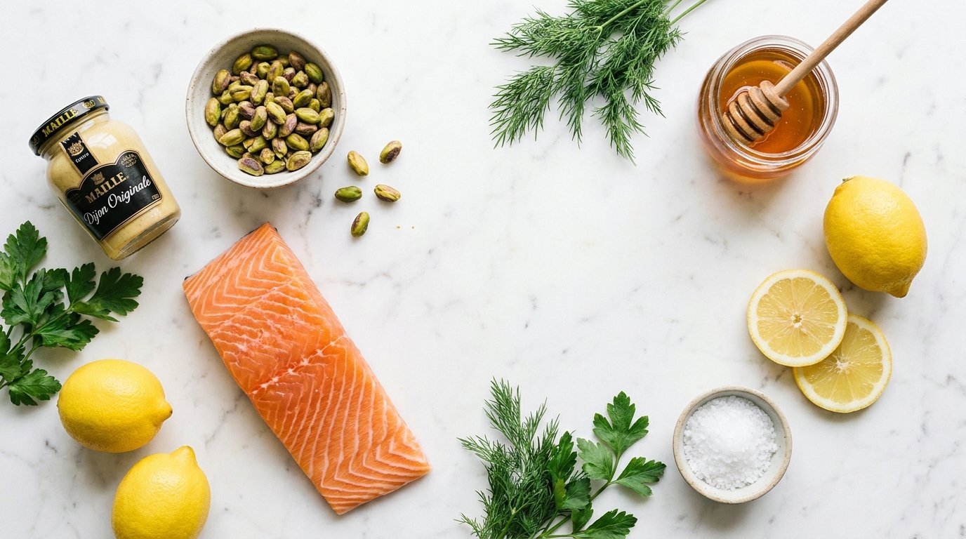Pistachio salmon ingredients flat-lay on marble surface