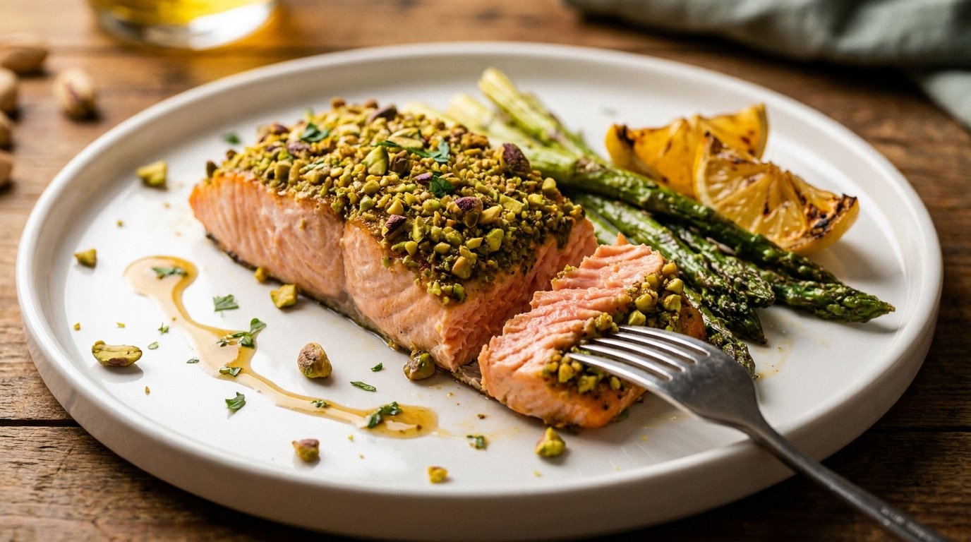 Plated pistachio-crusted salmon with roasted asparagus