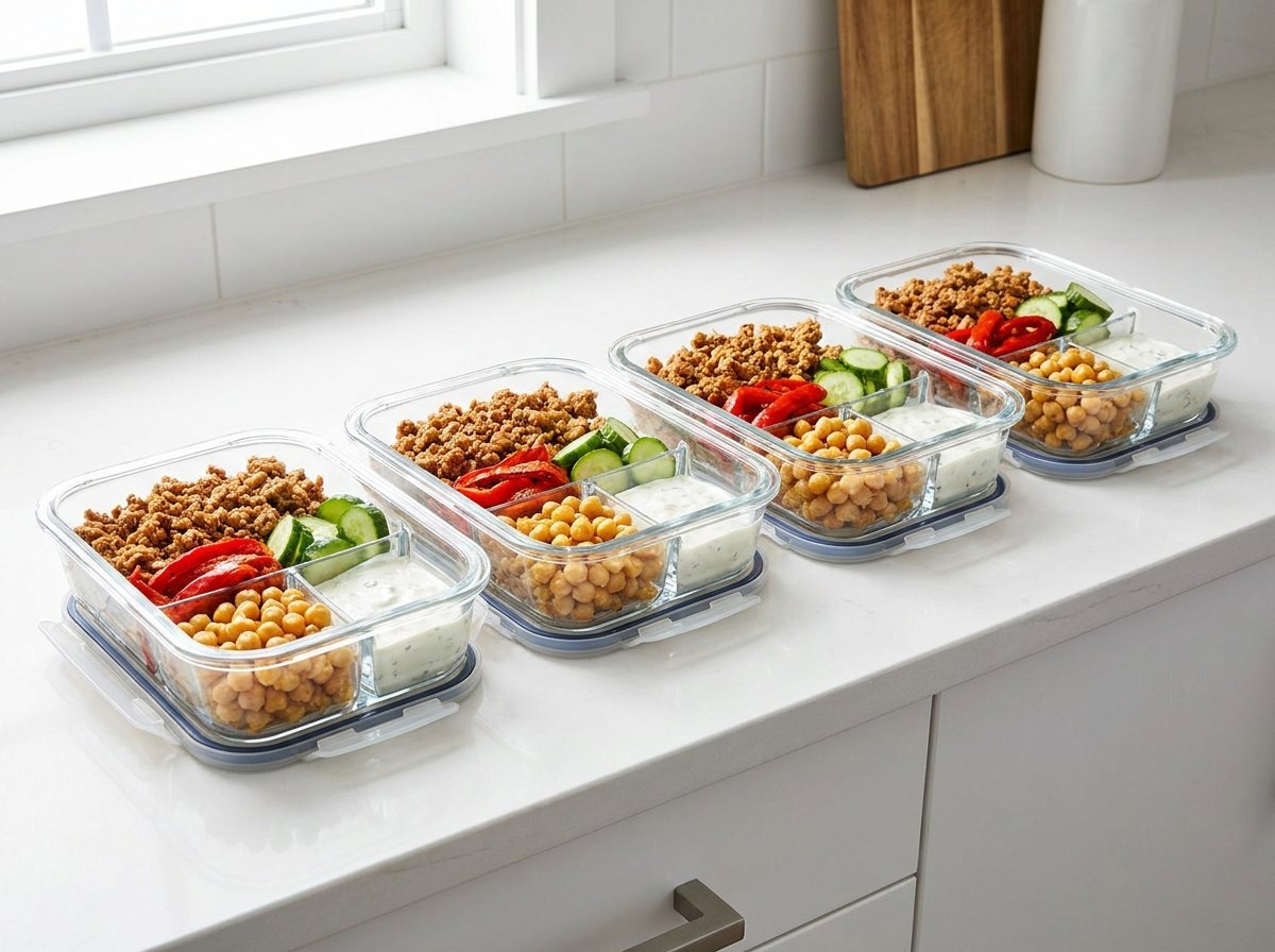 Batch meal prep containers with protein bowls