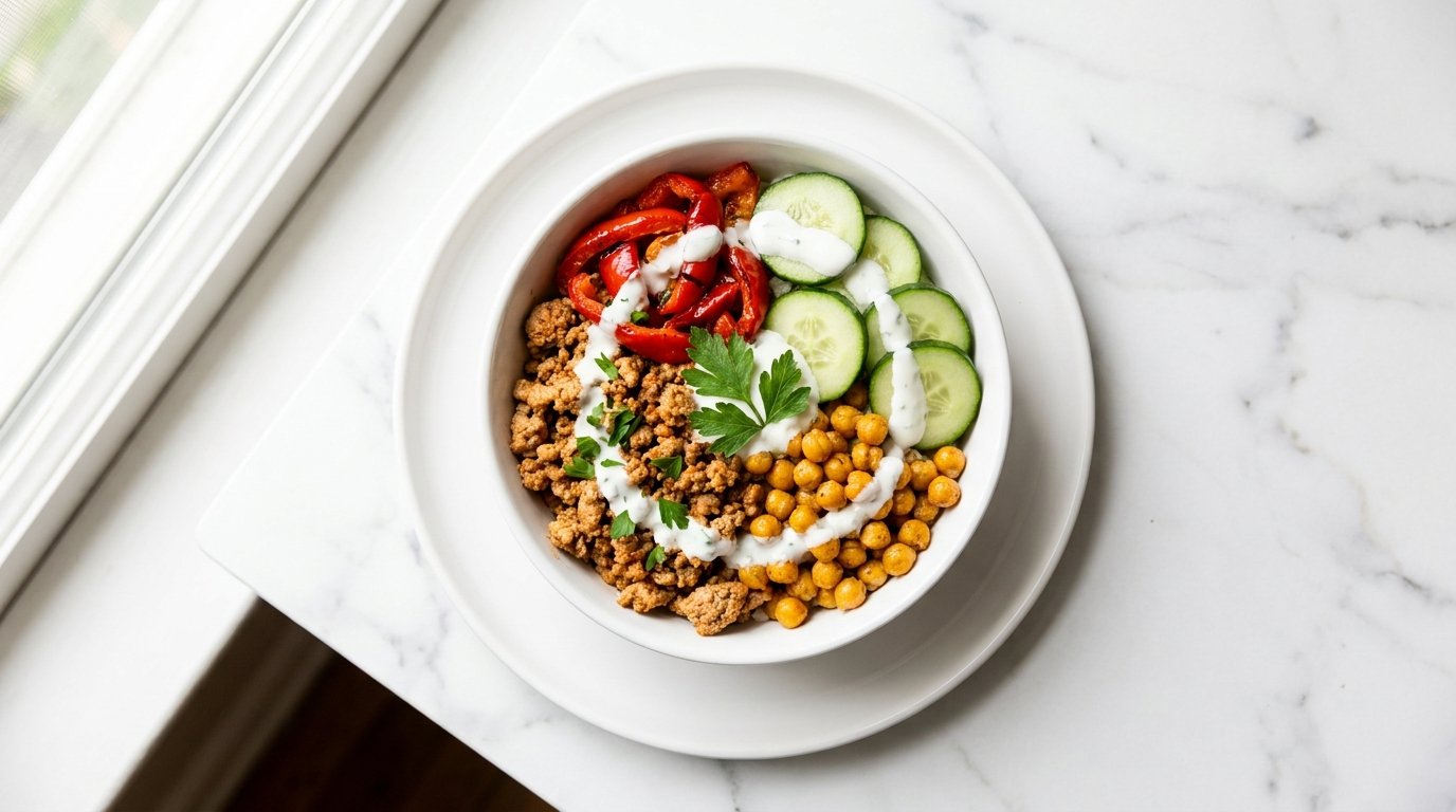 59g protein meal prep bowl with ground turkey, chickpeas, and Greek yogurt